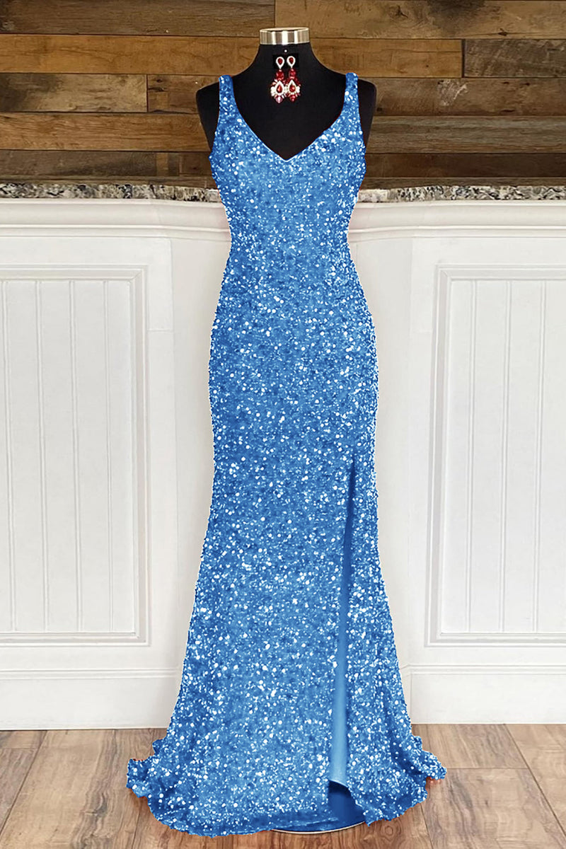 Load image into Gallery viewer, Sheath Spaghetti Straps Dark Green Sequins Prom Dress with Split Front
