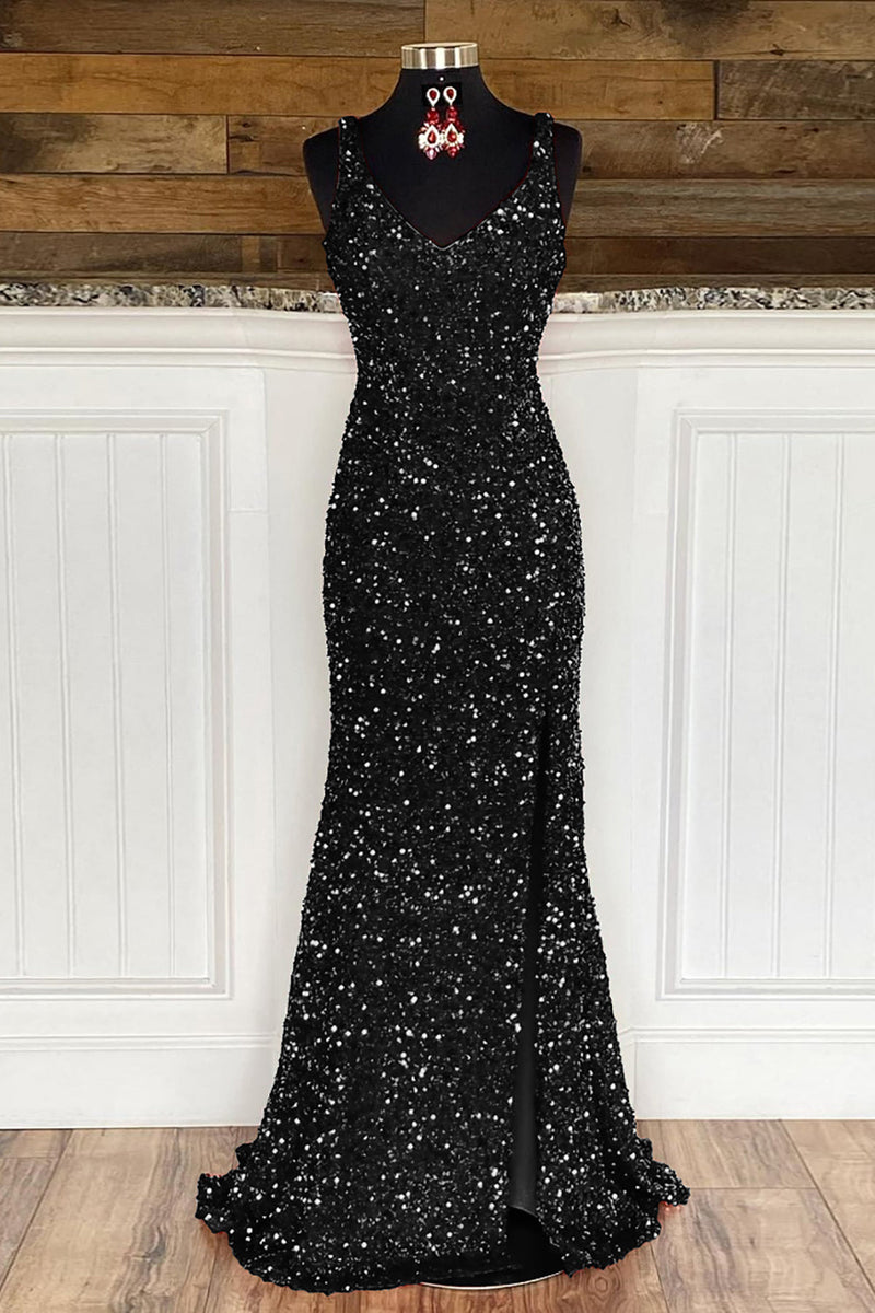 Load image into Gallery viewer, Sheath Spaghetti Straps Dark Green Sequins Prom Dress with Split Front