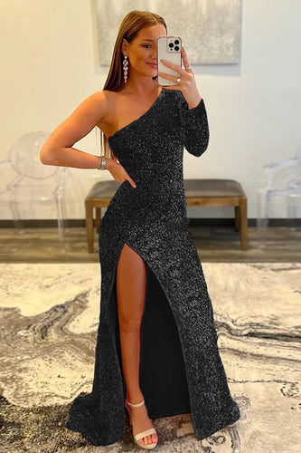 Black One Shoulder Sequined Prom Dress