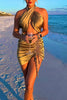 Load image into Gallery viewer, Gold Satin Halter Cut Out Ruched Mini Dress