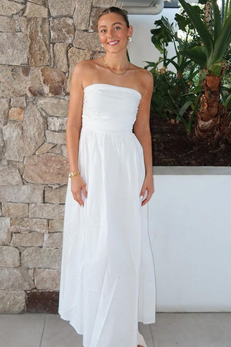 Simple White Strapless A-Line Maxi Engagement Dress