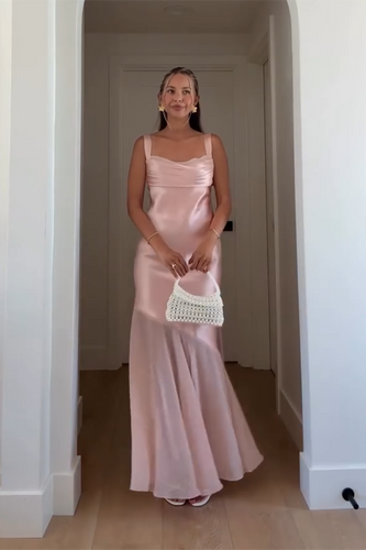 Pink Satin Mermaid Square Neck Backless Maxi Formal Dress