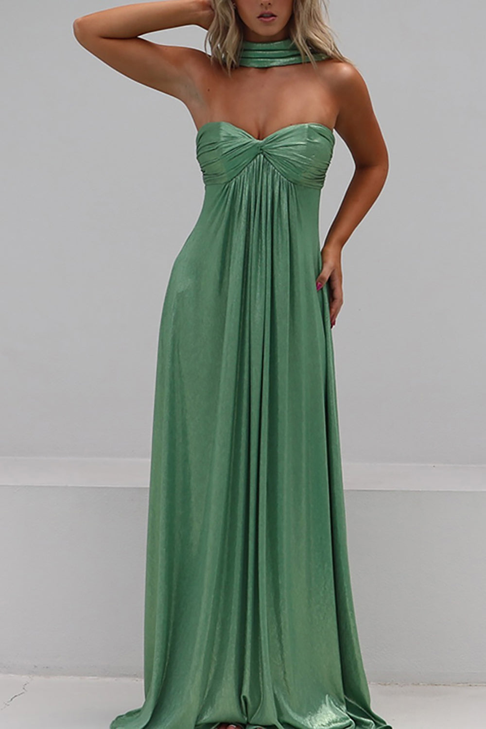Queendancer Women Sage Chiffon Long Prom Dress Neck Scarf Pleated