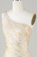 Load image into Gallery viewer, Sheath One Shoulder Blue Sequins Short Homecoming Dress with Tassel