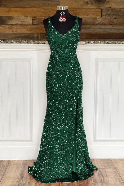 Sheath Spaghetti Straps Dark Green Sequins Prom Dress with Split Front