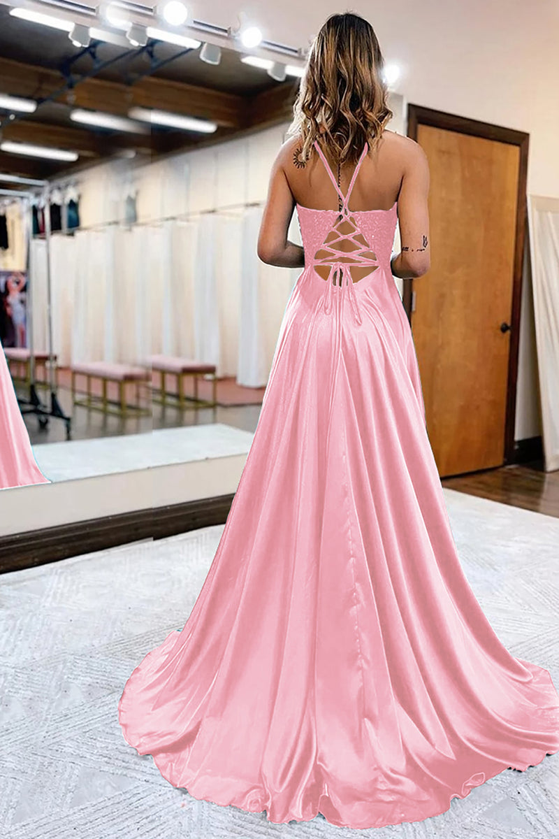 Load image into Gallery viewer, Dark Green Satin A-Line Appliques Prom Dress with Slit
