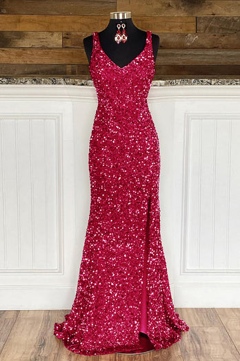Sheath Spaghetti Straps Dark Green Sequins Prom Dress with Split Front