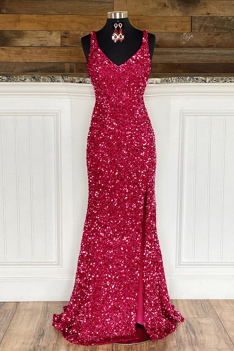 Load image into Gallery viewer, Sheath Spaghetti Straps Dark Green Sequins Prom Dress with Split Front