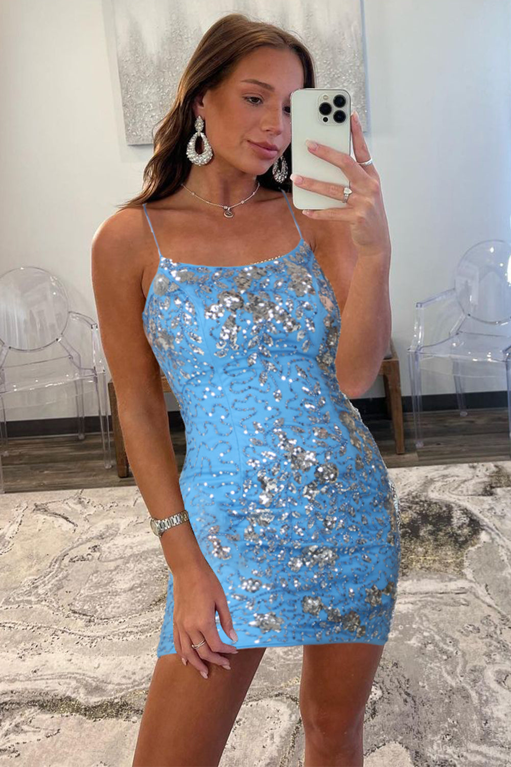 Blue Stylish Bodycon Spaghetti Straps Short Homecoming Dress with Sequins