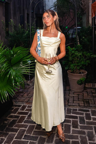 Yellow A Line Thick Straps Satin Maxi Wedding Guest Dress