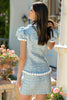 Load image into Gallery viewer, 2 Piece Blue Tweed Short Sleeves Blazer Homecoming Outfits with Pearls