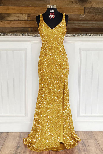 Sheath Spaghetti Straps Dark Green Sequins Prom Dress with Split Front