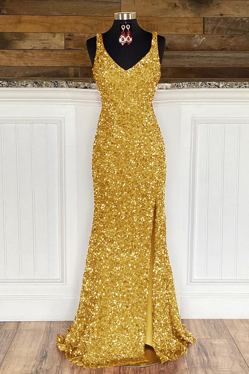 Load image into Gallery viewer, Sheath Spaghetti Straps Dark Green Sequins Prom Dress with Split Front