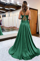 Load image into Gallery viewer, Dark Green Satin A-Line Appliques Prom Dress with Slit