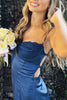 Load image into Gallery viewer, Navy Bodycon Satin Spaghetti Straps Mini Dress with Lace