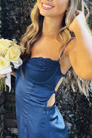 Load image into Gallery viewer, Navy Bodycon Satin Spaghetti Straps Mini Dress with Lace