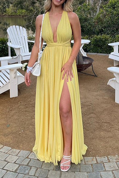 Yellow A Line Chiffon Pleated Deep V-Neck Long Prom Dress with Slit