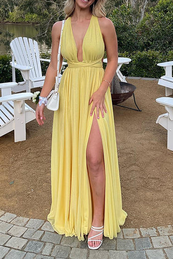 Yellow A Line Chiffon Pleated Deep V-Neck Long Prom Dress with Slit