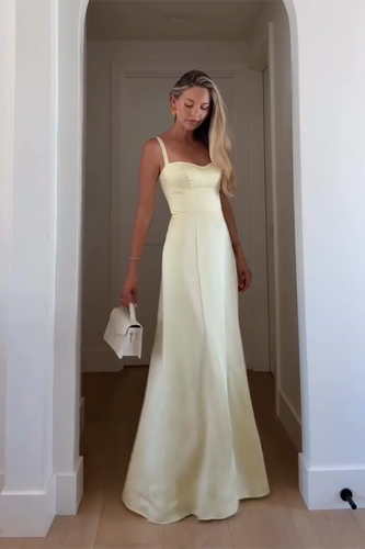 Yellow Satin Sheath Spaghetti Straps Maxi Corset Wedding Guest Dress