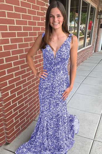 Mermaid Blue V-Neck Sequins Long Prom Dress