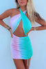 Load image into Gallery viewer, Blue and Pink Halter Bodycon Ruched Mini Dress with Keyhole