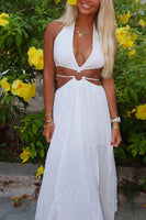 Load image into Gallery viewer, White Boho Halter Sheath Cut Out Long Engagement Dress with Slit