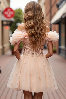 Floral Champagne Short Ruffled Corset Homecoming Dress with Lace