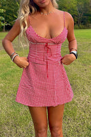 Load image into Gallery viewer, Red Plaid Spaghetti Straps A-Line Mini Dress with Bow