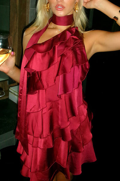 Burgundy Satin One Shoulder Neck Scarf Mini Dress with Ruffles