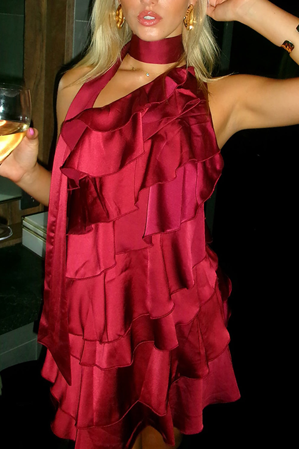 Burgundy Satin One Shoulder Neck Scarf Mini Dress with Ruffles