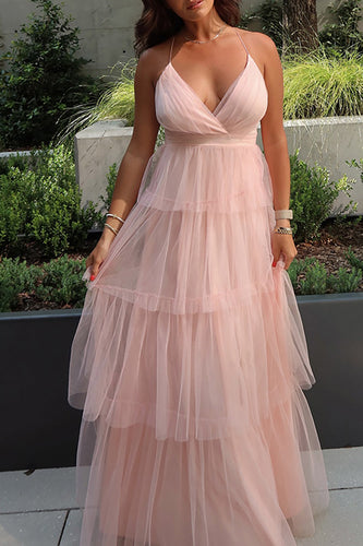 Blush Tulle A Line Tiered Halter Long Prom Dress with Ruffles