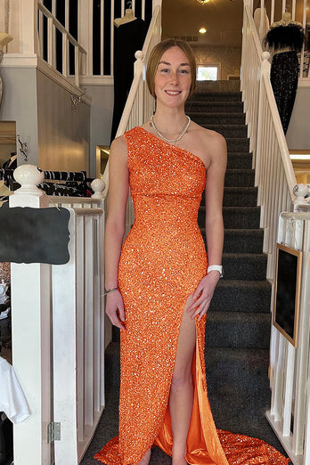 Sheath One Shoulder Navy Sequins Long Prom Dress with Split Front