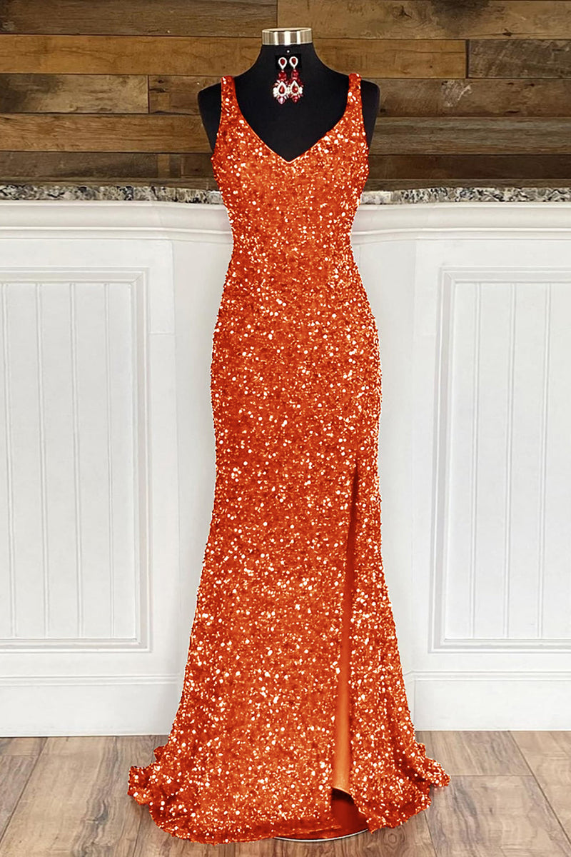 Load image into Gallery viewer, Sheath Spaghetti Straps Dark Green Sequins Prom Dress with Split Front