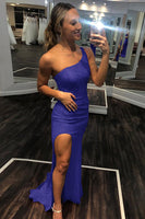 Load image into Gallery viewer, Red One Shoulder Sequins Mermaid Prom Dress with Slit