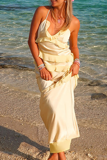 Yellow Sheath Spaghetti Straps Long Wedding Guest Dress with Ruffles