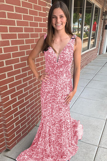 Mermaid Blue V-Neck Sequins Long Prom Dress