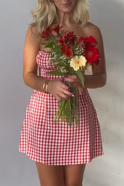 Red Plaid A Line Strapless Mini Dress