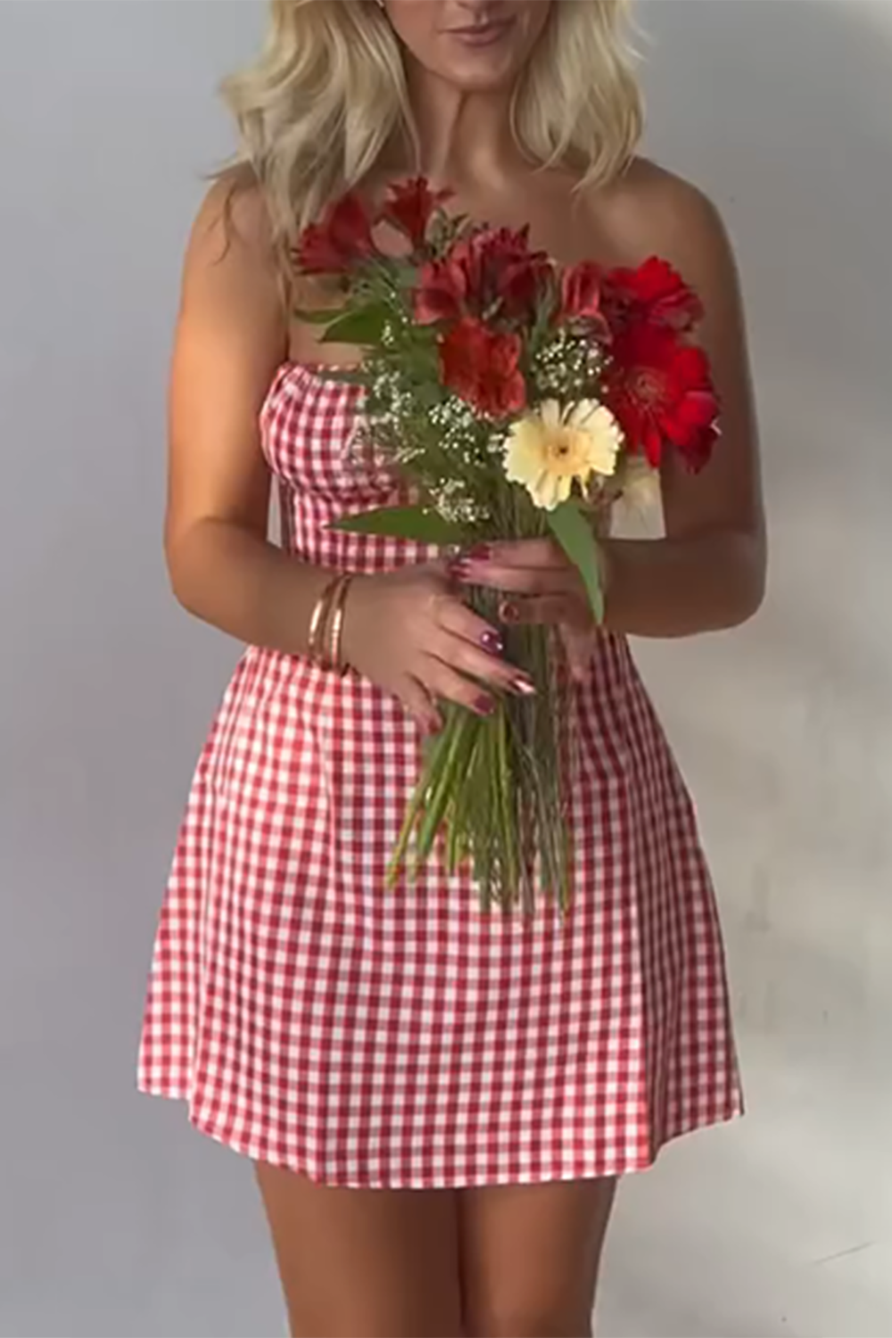 Red Plaid A Line Strapless Mini Dress