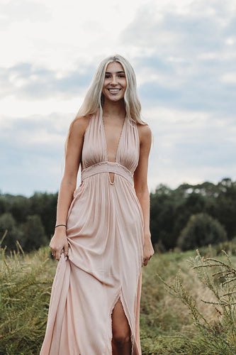 Light Pink Sheath Halter Maxi Wedding Guest Dress with Slit