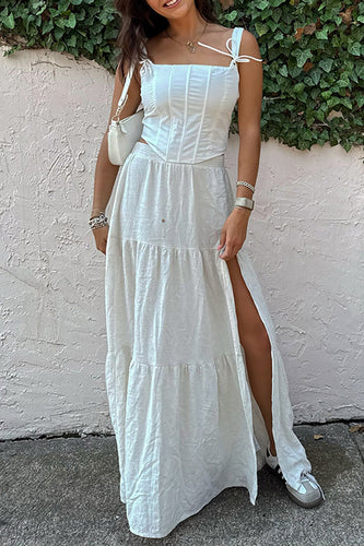 White Cut Out A Line Long Corset Formal Dress with Slit