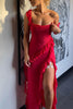 Load image into Gallery viewer, Red Chiffon Sheath Ruffled Long Prom Dress with Slit