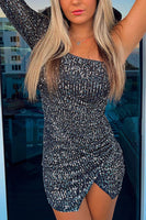 Load image into Gallery viewer, Sparkly Black Sequins One Shoulder Tight Short Dress with Sleeves