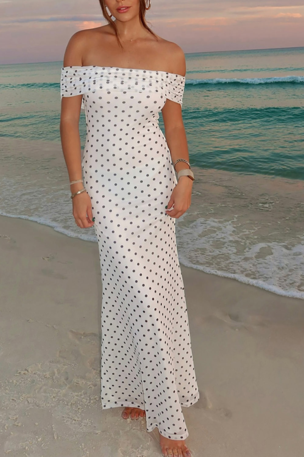 Black and White Dots Off the Shoulder Sheath Long Prom Dress