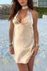 Load image into Gallery viewer, Champagne Satin Bodycon Halter Mini Dress