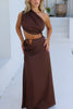 Load image into Gallery viewer, Brown Satin Sheath One Shoulder Ruched Long Wedding Guest Dress