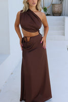 Load image into Gallery viewer, Brown Satin Sheath One Shoulder Ruched Long Wedding Guest Dress