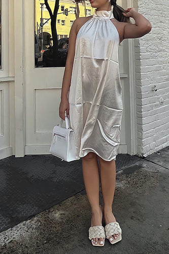 Simple White Satin Halter Midi Dress