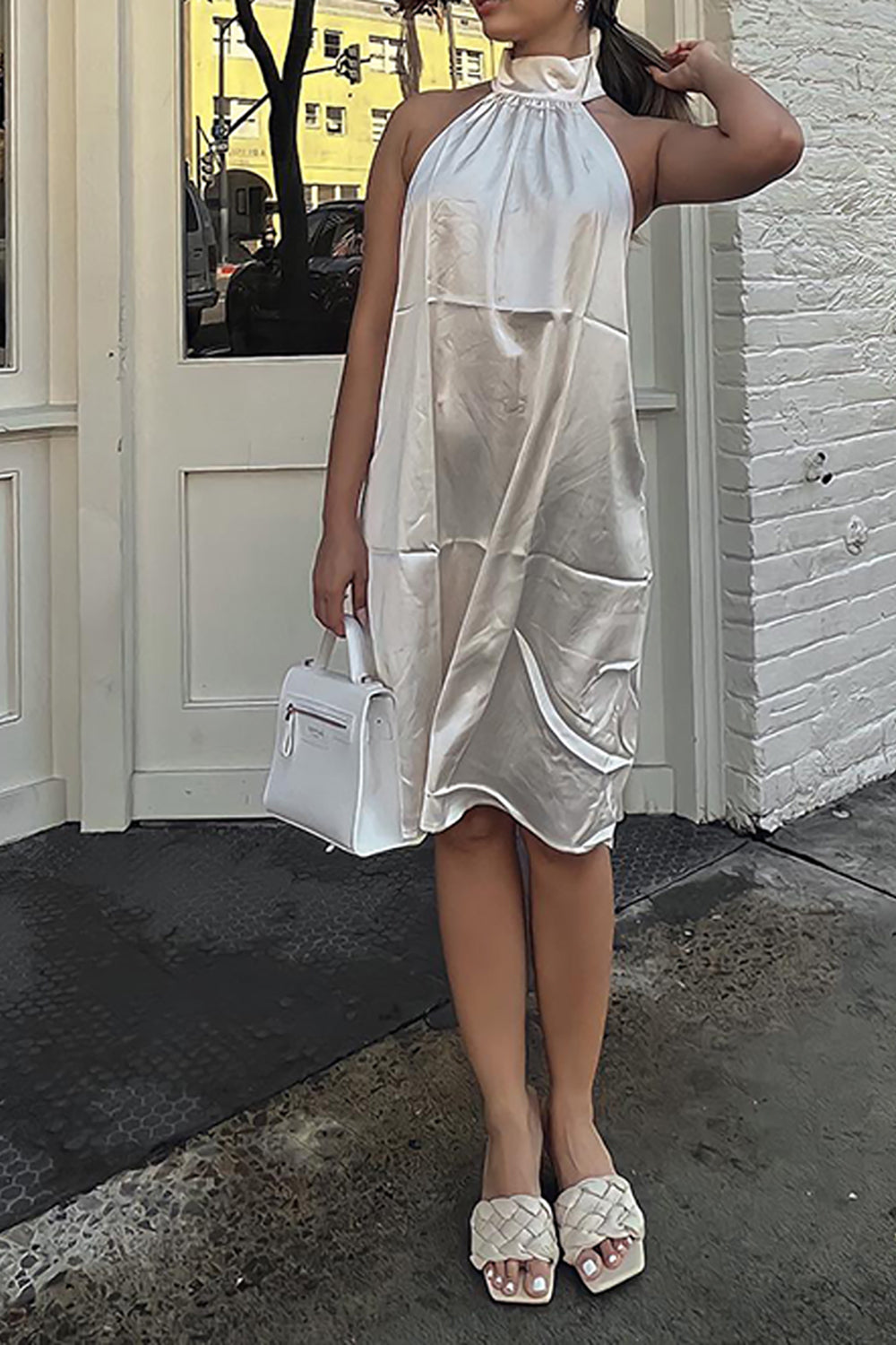 Simple White Satin Halter Midi Dress