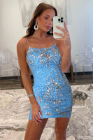 Load image into Gallery viewer, Blue Stylish Bodycon Spaghetti Straps Short Homecoming Dress with Sequins