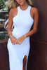 Load image into Gallery viewer, White Mermaid Round Neck Long Graduation Dress with Slit